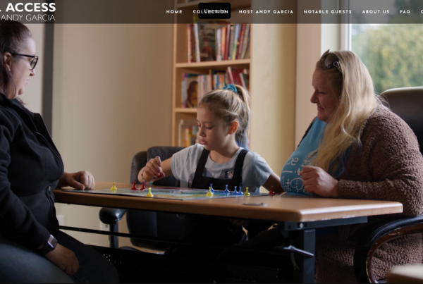 Screenshot of landing page, Kairos video segment on All Access with Andy Garcia. A staff member with a parent and child playing a board game.